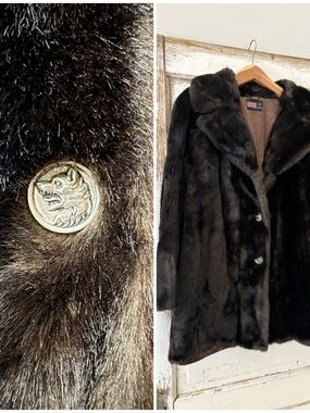 Vintage Faux Fur Coat w/WOLF Buttons by Tissavel of France, made in England, EUC
